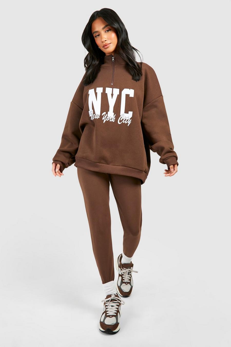 Petite - Survêtement avec legging zippé à slogan N.Y.C, Chocolate image number 1