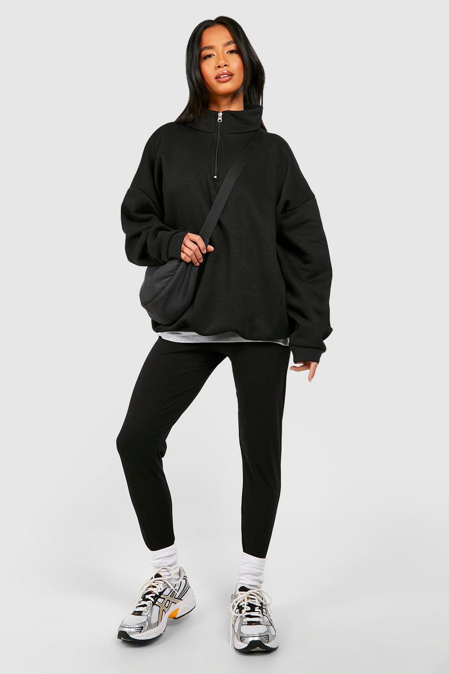 Petite Leggings-Trainingsanzug mit halbem Reißverschluss, Black image number 1