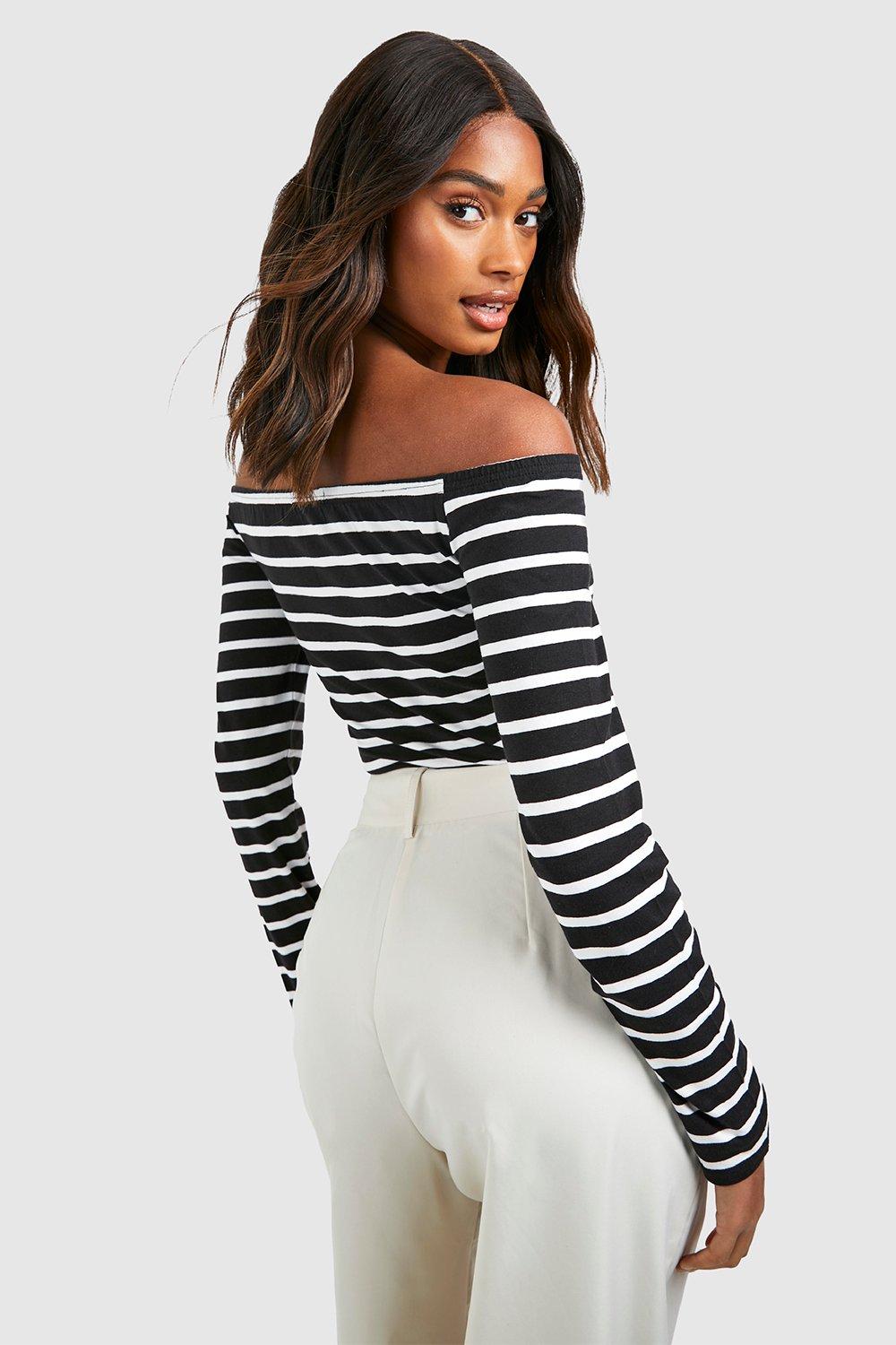 Black and white striped off the shoulder discount to