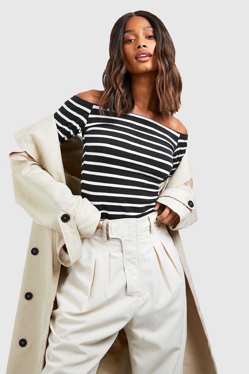 Black and white striped store off the shoulder top