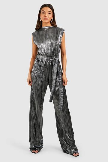 Glitter Plisse Belted Wide Leg Jumpsuit silver