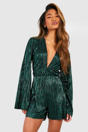 Glitter Plisse Flare Sleeve Romper green