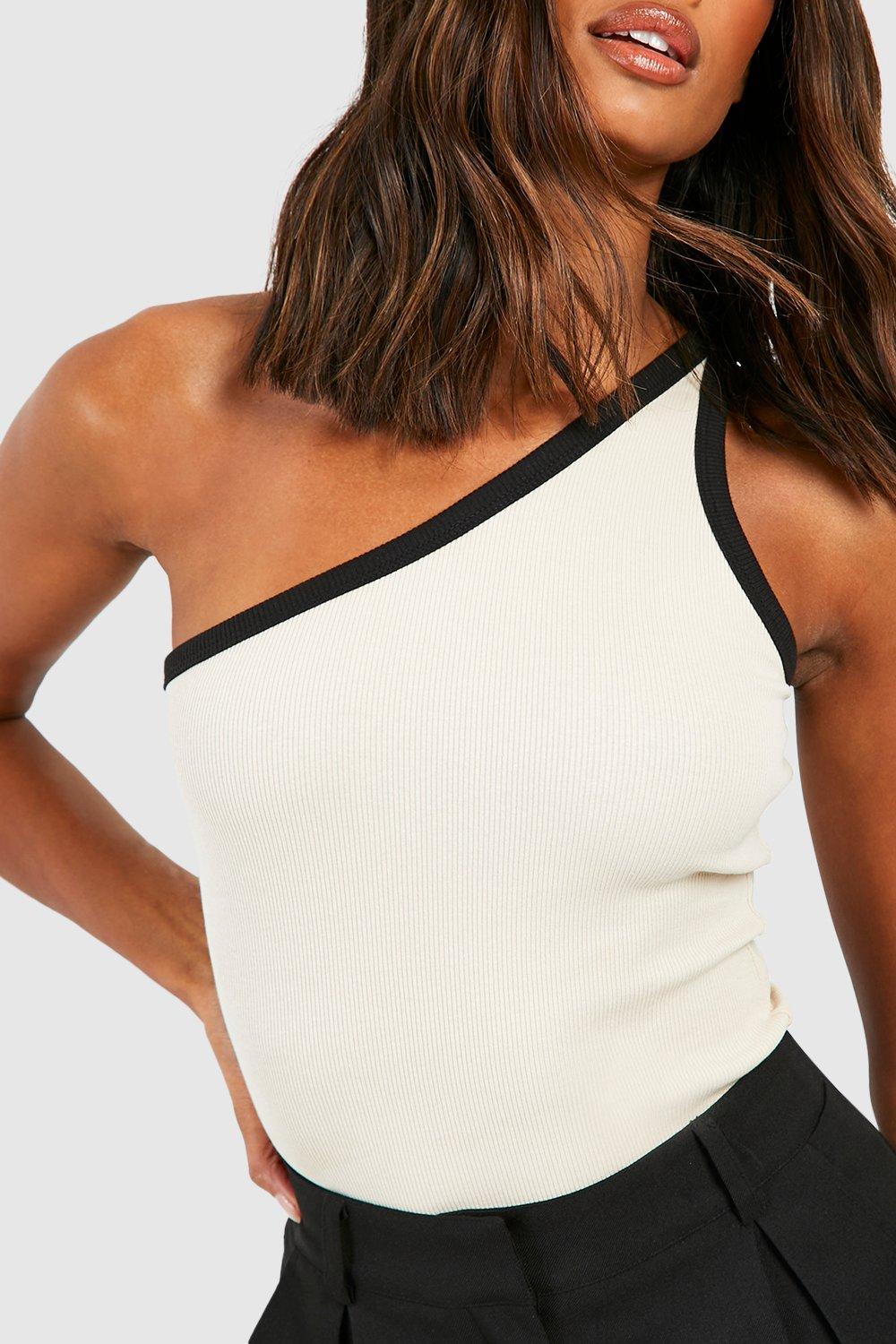 Premium Contrast Rib One Shoulder Top boohoo