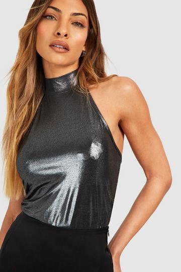 Metallic High Neck Top silver