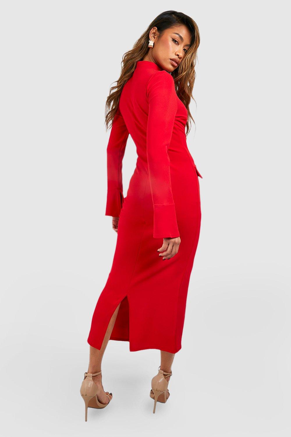 boohoo Crepe High Neck Pocket Detail Midi Dress Red Size 4