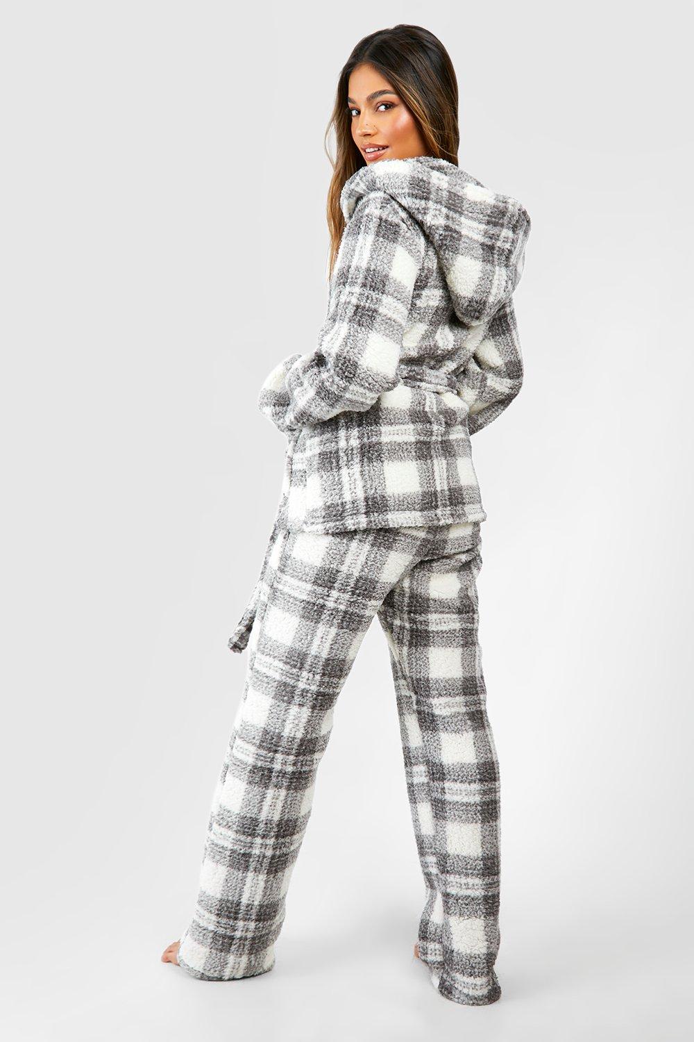Boohoo Women s Grey Check Fleece Wrap Top And Trouser Grey