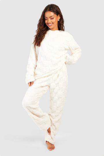 Cream White Checkerboard Fleece Sweater And Pants Set