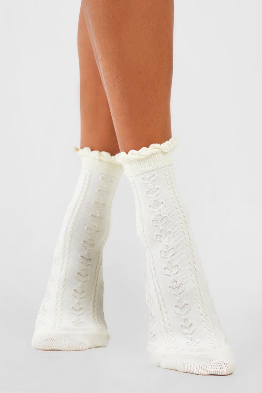 Cream vit Scallop Edge Openwork Knitted Socks 