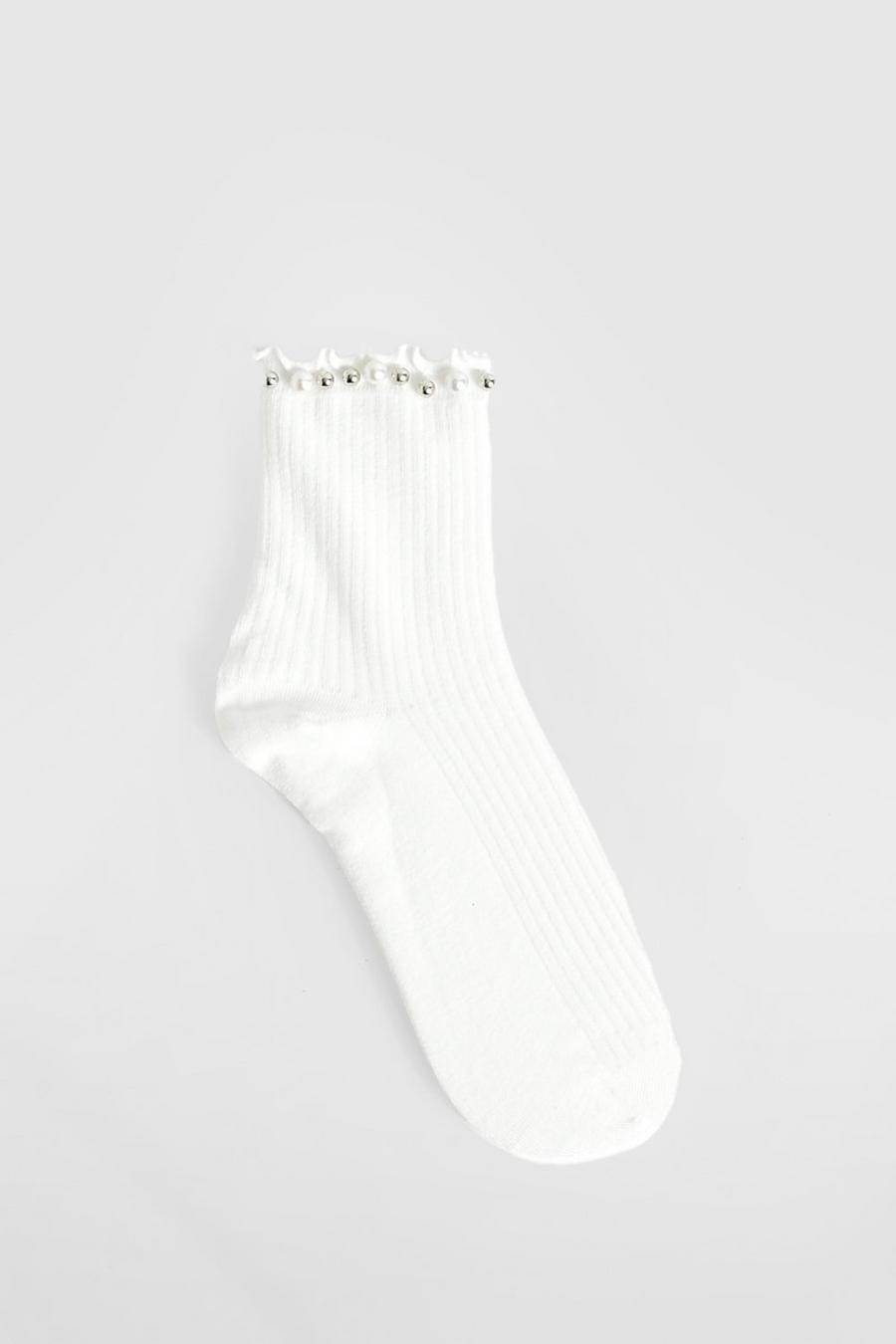Weiße Socken mit Perlen, White image number 1