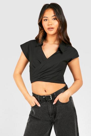 Cotton Wrap Cropped Shirt black