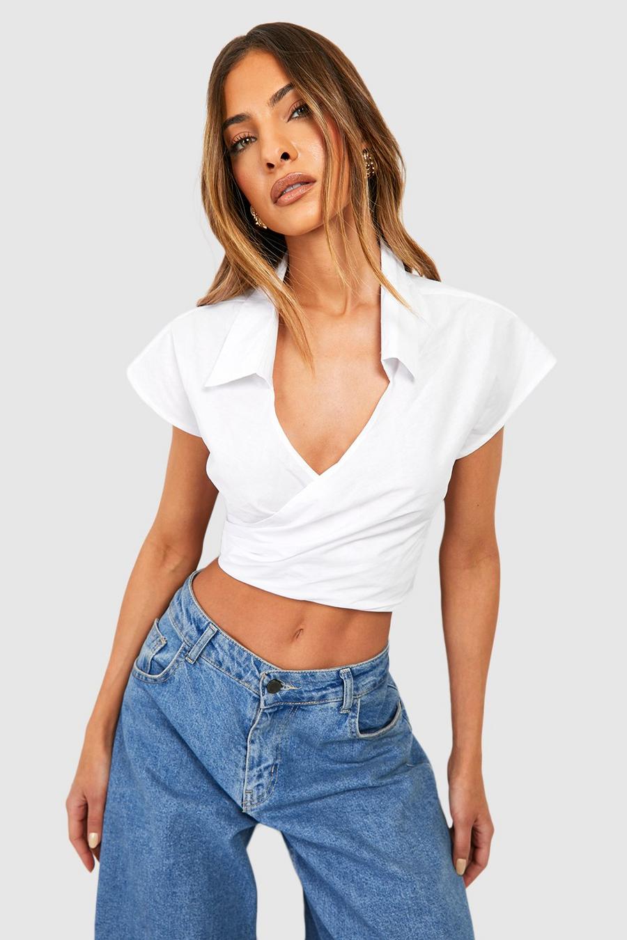 White Cotton Wrap Cropped Shirt image number 1