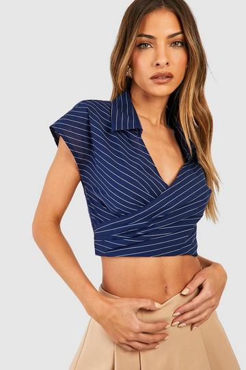 Stripe Cotton Wrap Cropped Shirt navy