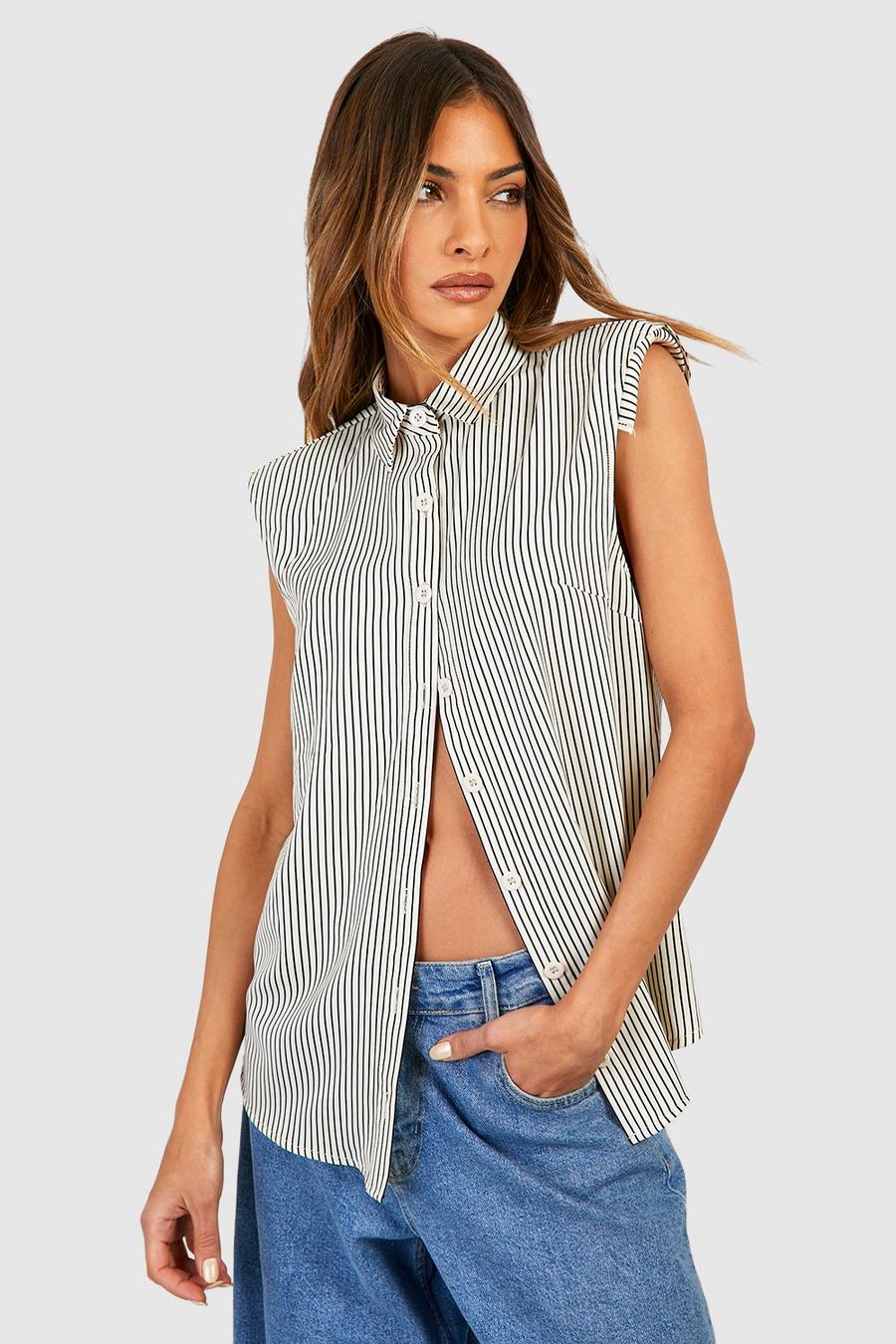 Cream Stripe Shoulder Pad Kort Shirt  image number 1