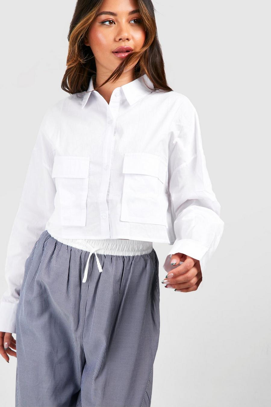 Camisa crop de algodón con dos bolsillos, White
