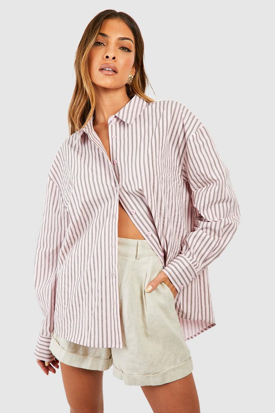 Camicia oversize a righe con trama, Pink image number 1