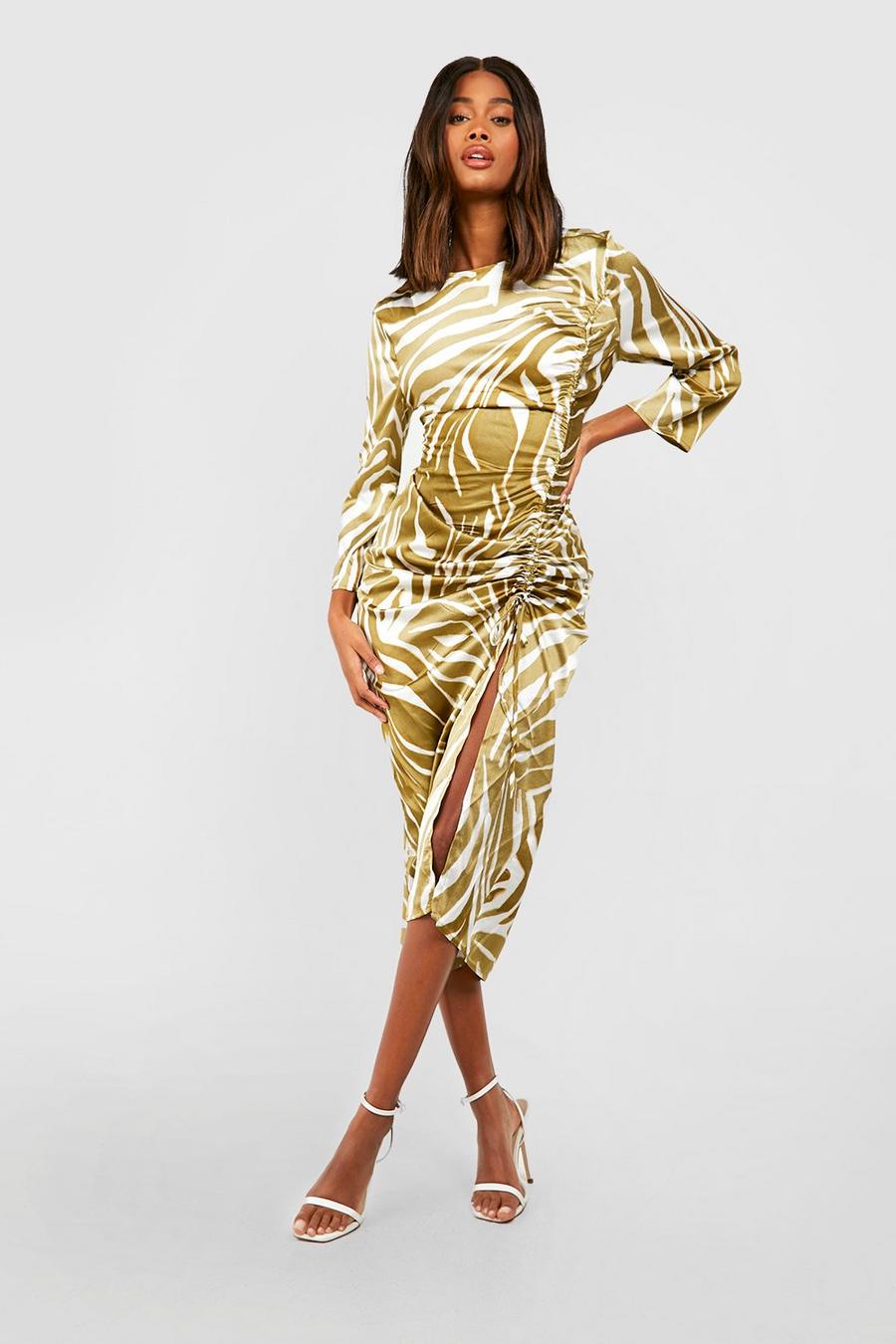 Robe mi-longue froncée à imprimé abstrait, Khaki image number 1