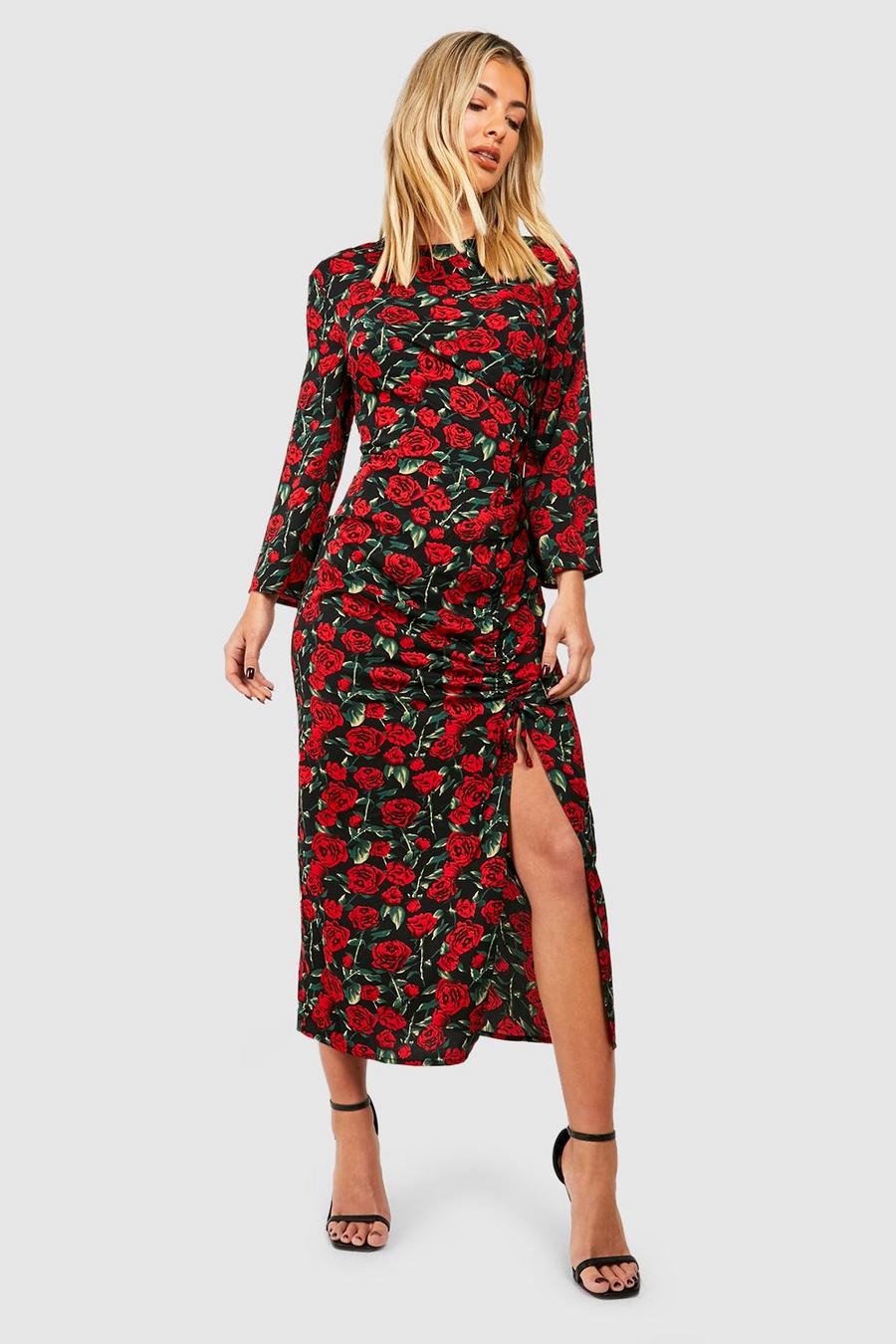 Black negro Floral Ruched Midaxi Dress