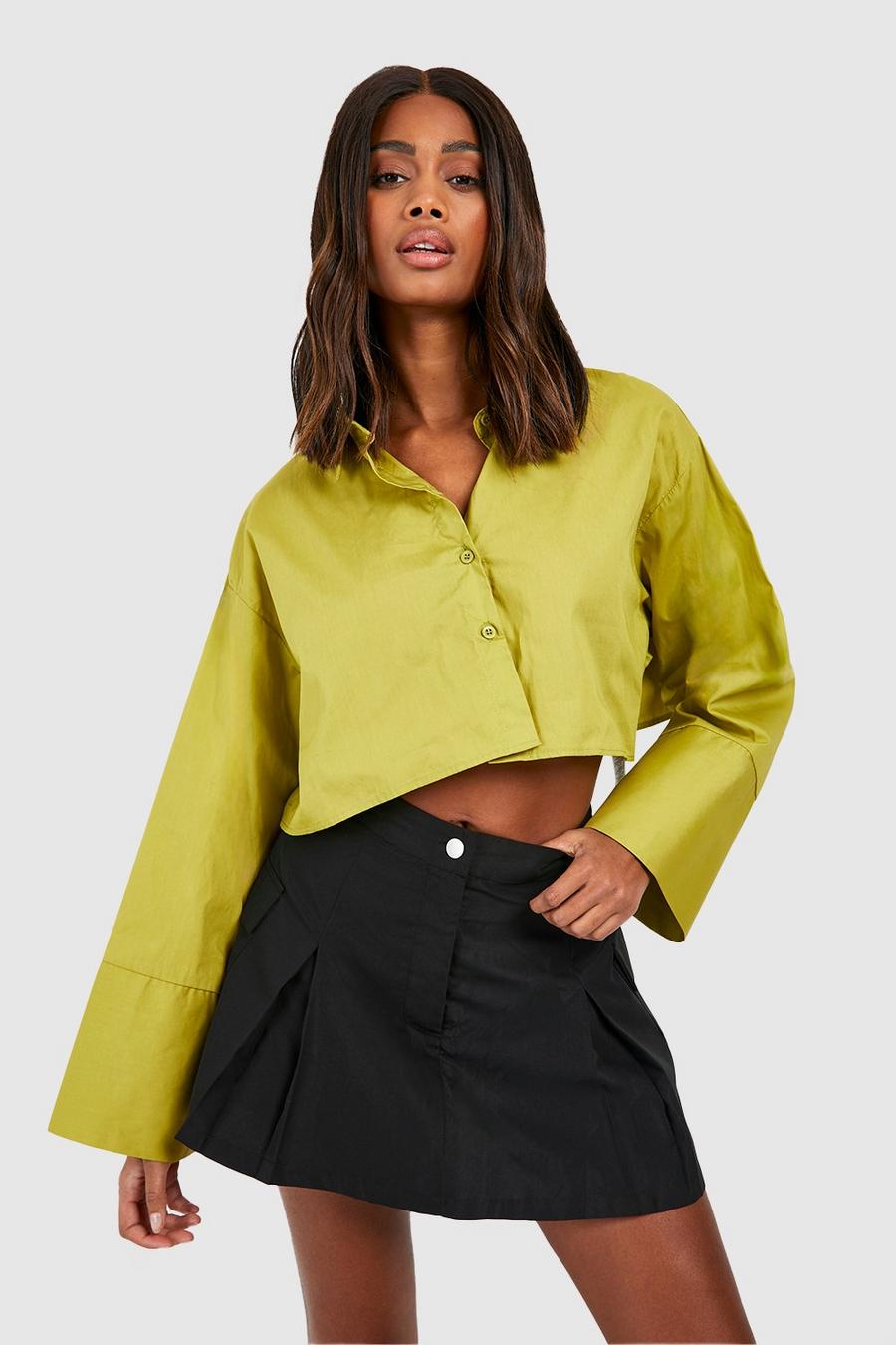 Camisa crop con mangas anchas, Olive image number 1