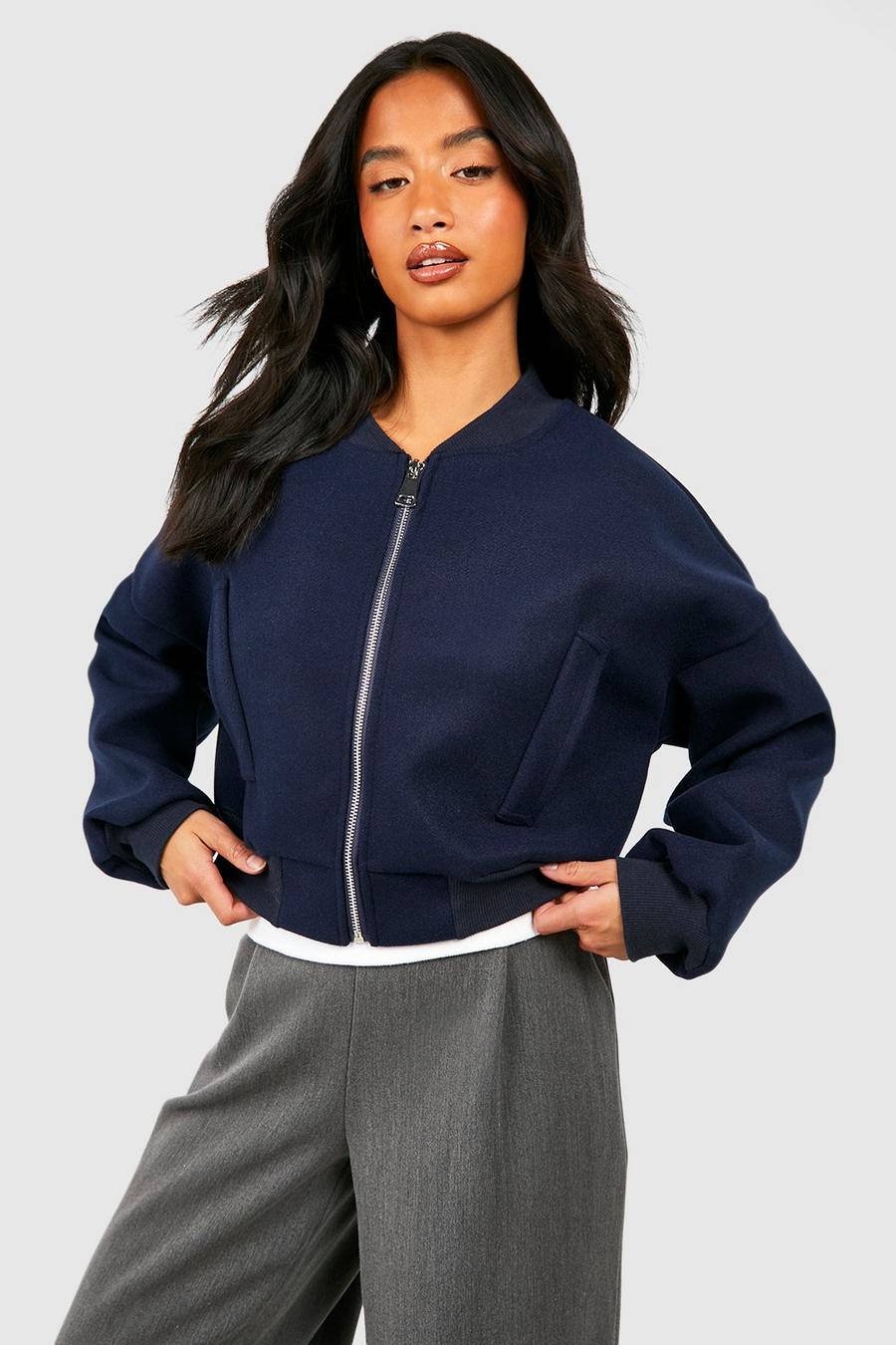 Navy Petite Wool Look Crop Bomber Jacket 