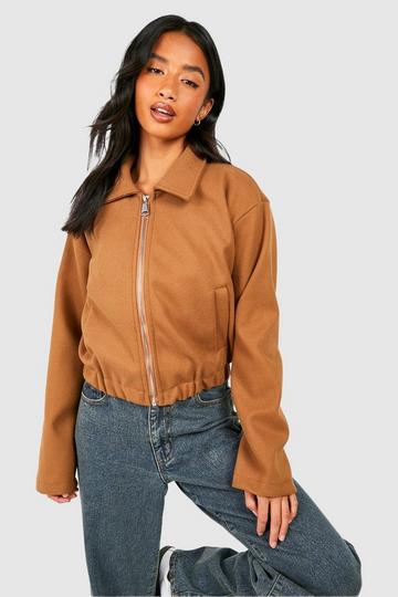 Camel Beige Petite Wool Look Zip Through Jacket