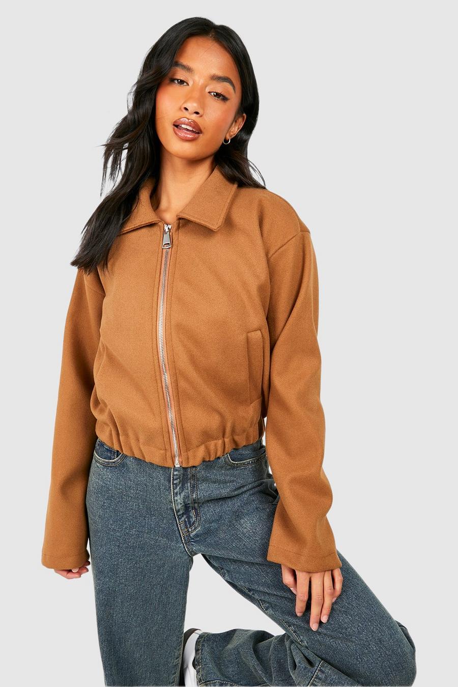 Chaqueta Petite efecto lana con cremallera, Camel