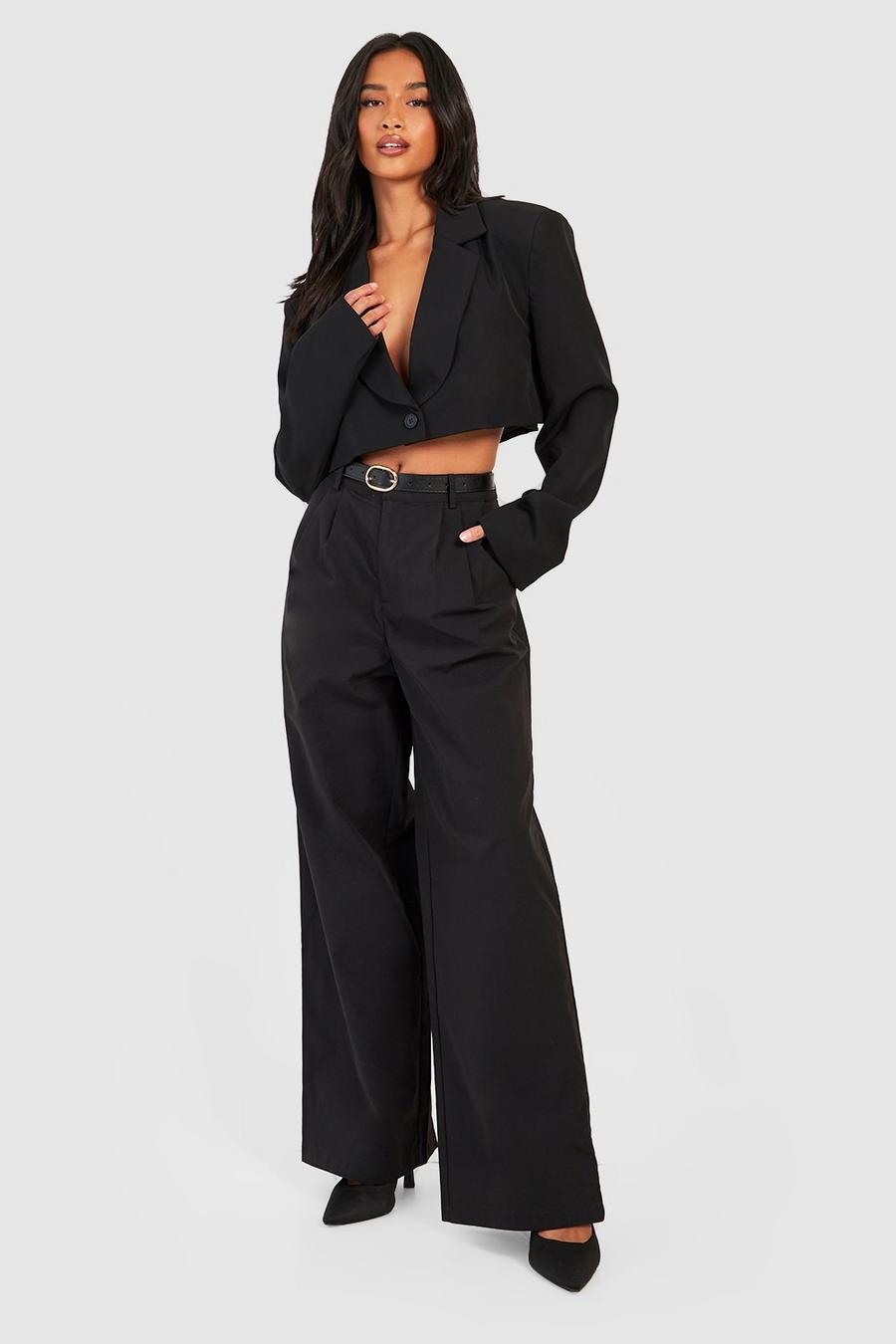 Black Petite Tailored Wide Leg Pants With Belt image number 1