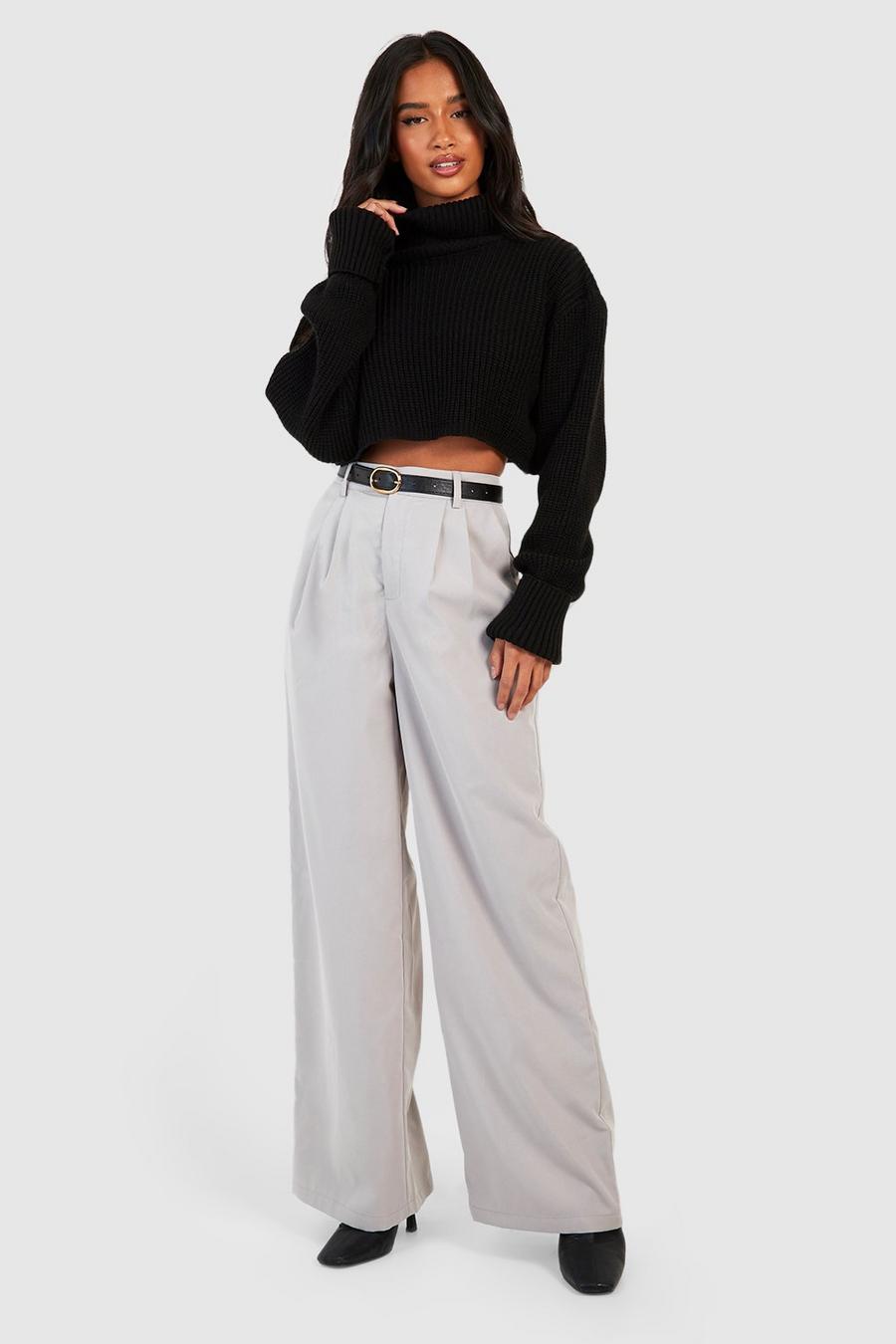 Grey Petite Tailored Wide Leg Pants With Belt