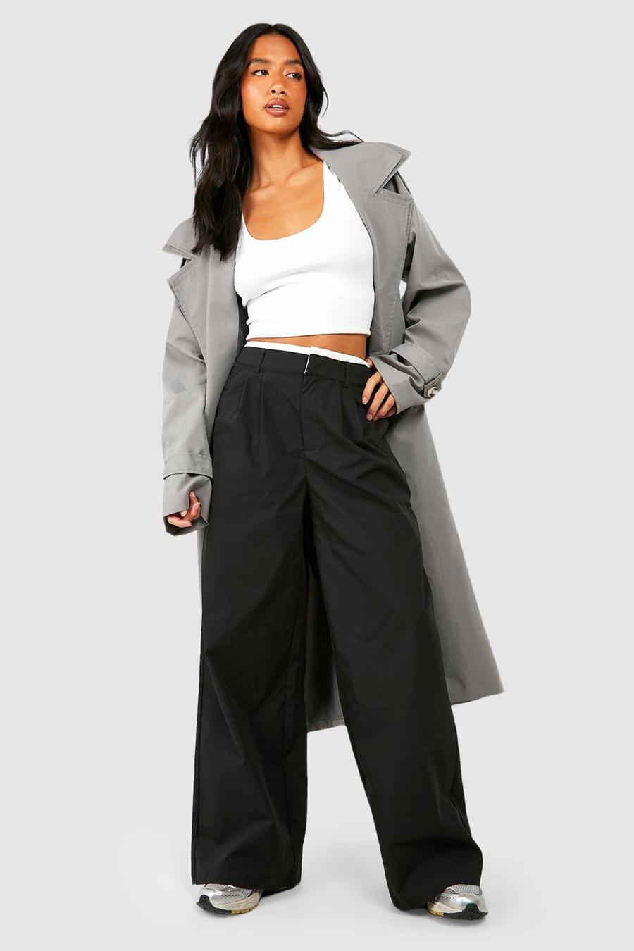 Pantalón Petite ancho plisado con cintura elástica en contraste, Black image number 1