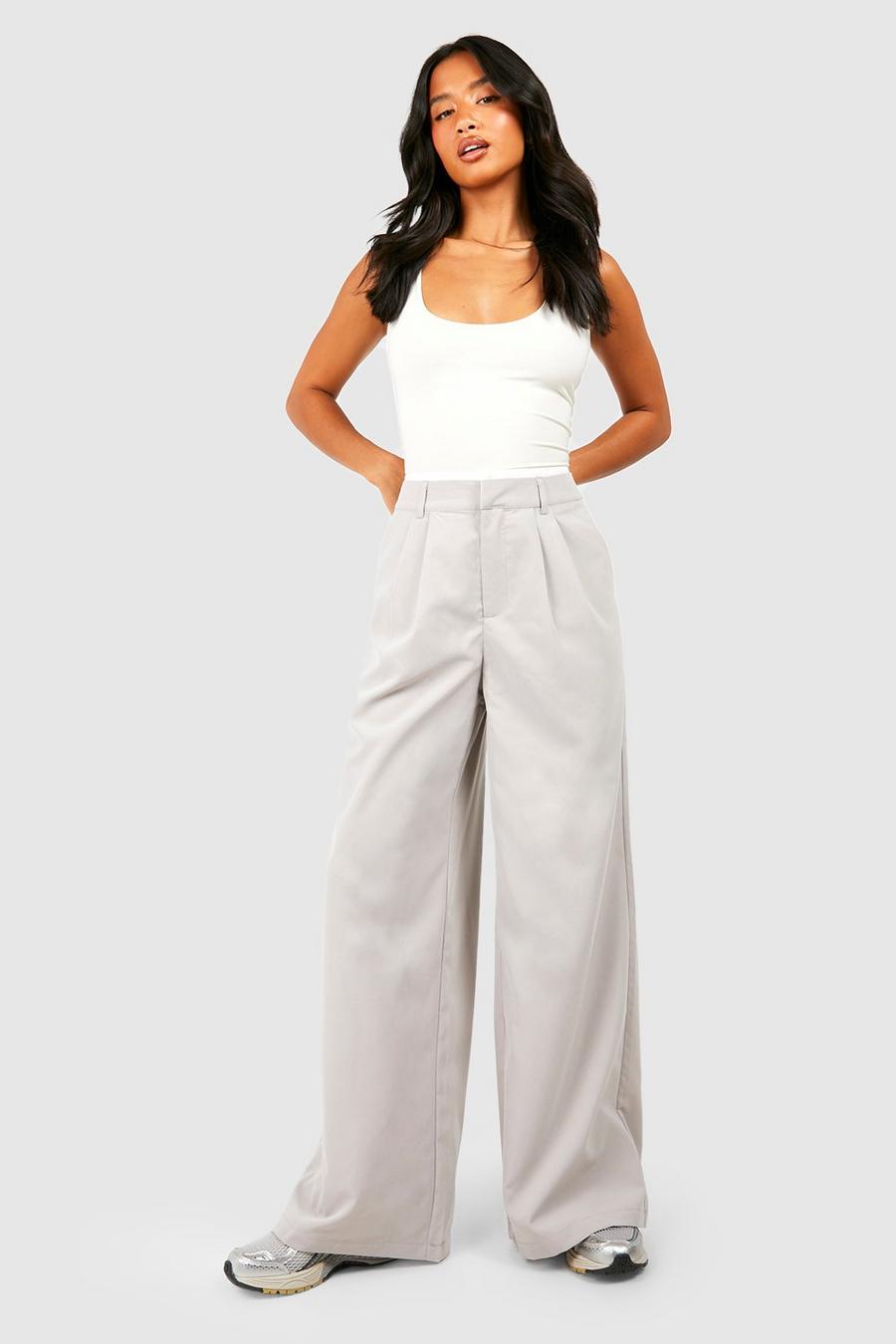Grey Petite Pleat Front Contrast Waistband Wide Leg Pants image number 1