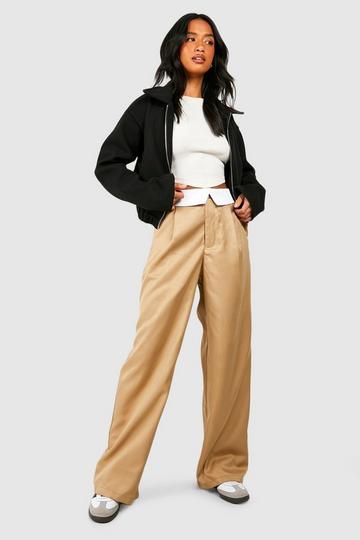 Petite Contrast Folded Waistband Wide Leg Trouser camel