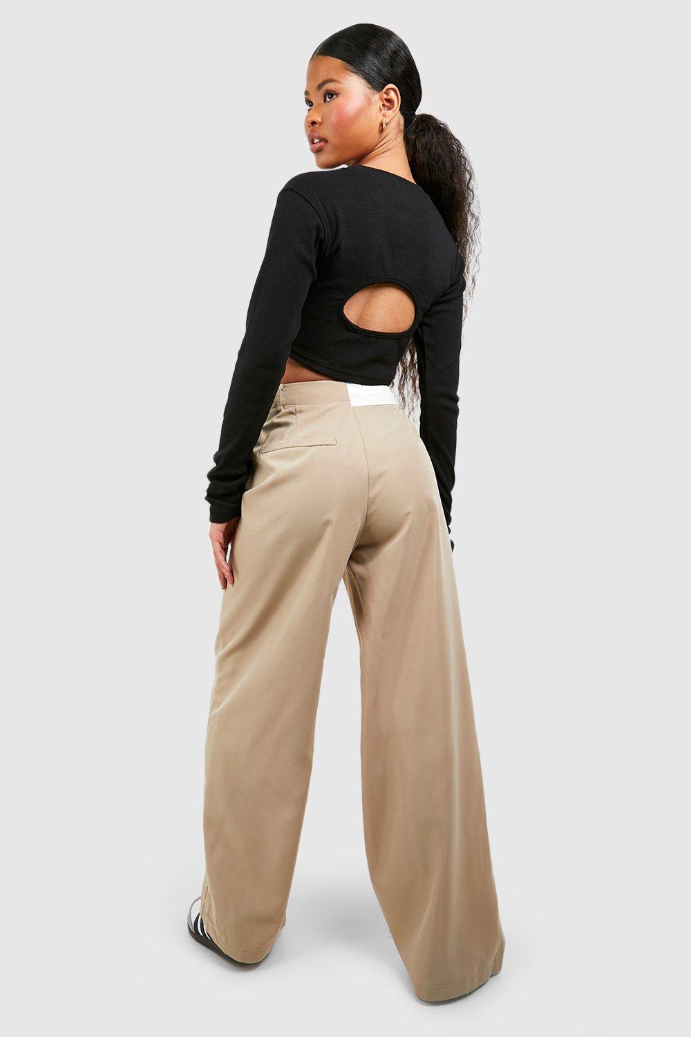 Petite Contrast Asymmetric Waistband Straight Leg Trouser