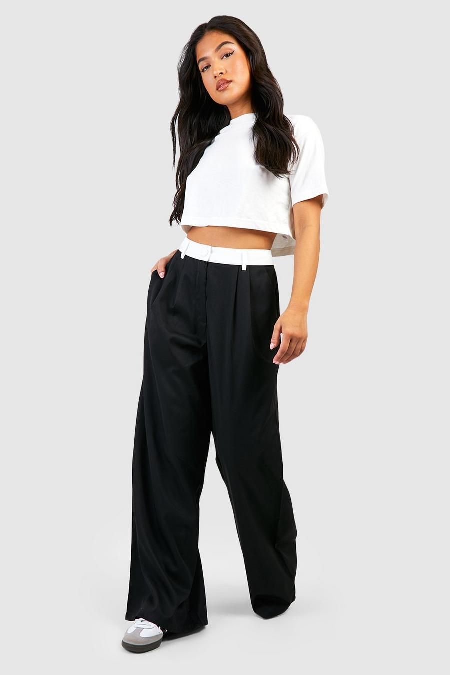 Black Petite Contrast Waistband Wide Leg Trouser