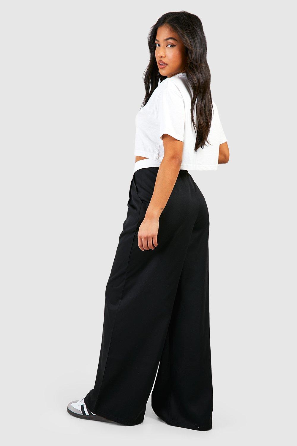 Petite Contrast Foldover Waistband Wide Leg Pants