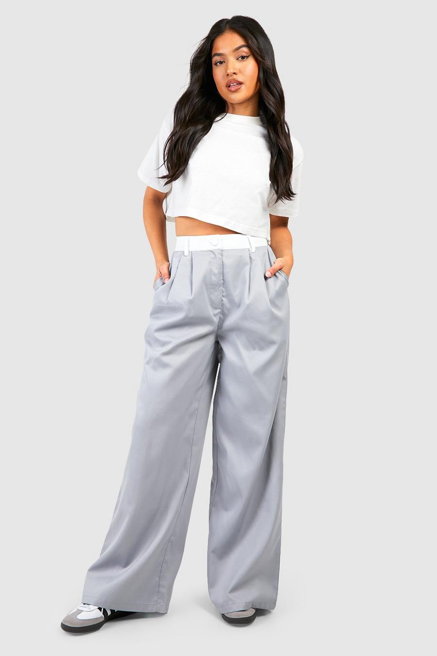 Pantalón Petite de pernera ancha con cintura en contraste, Grey image number 1