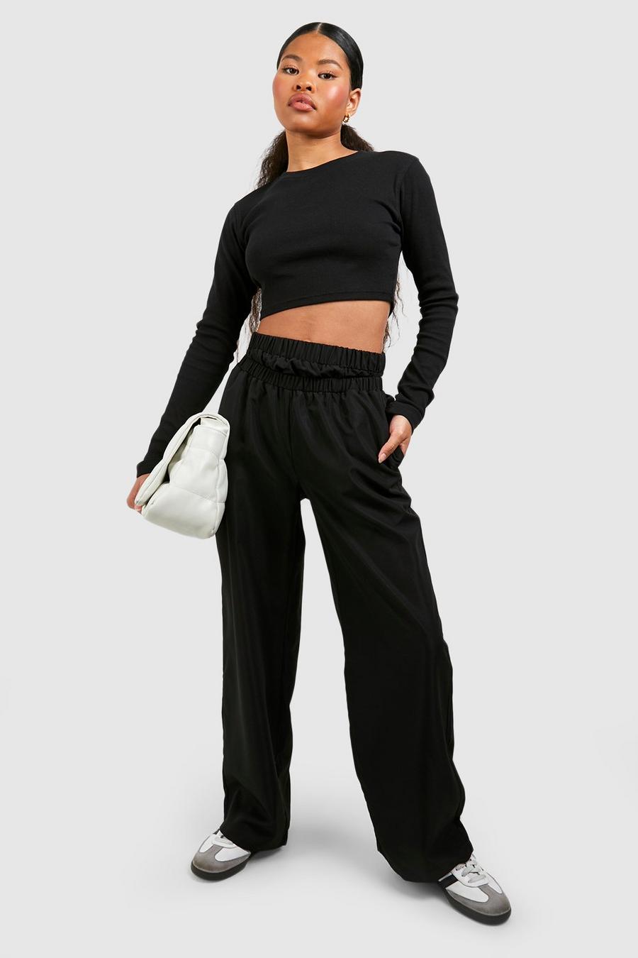 Black Petite Double Waistband Straight Leg Trouser 