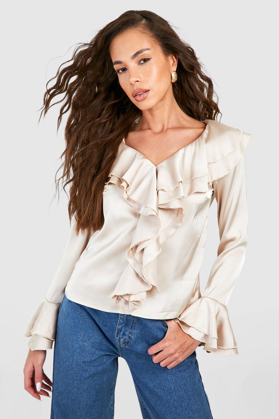 Champagne Satin Extreme Ruffle Blouse image number 1