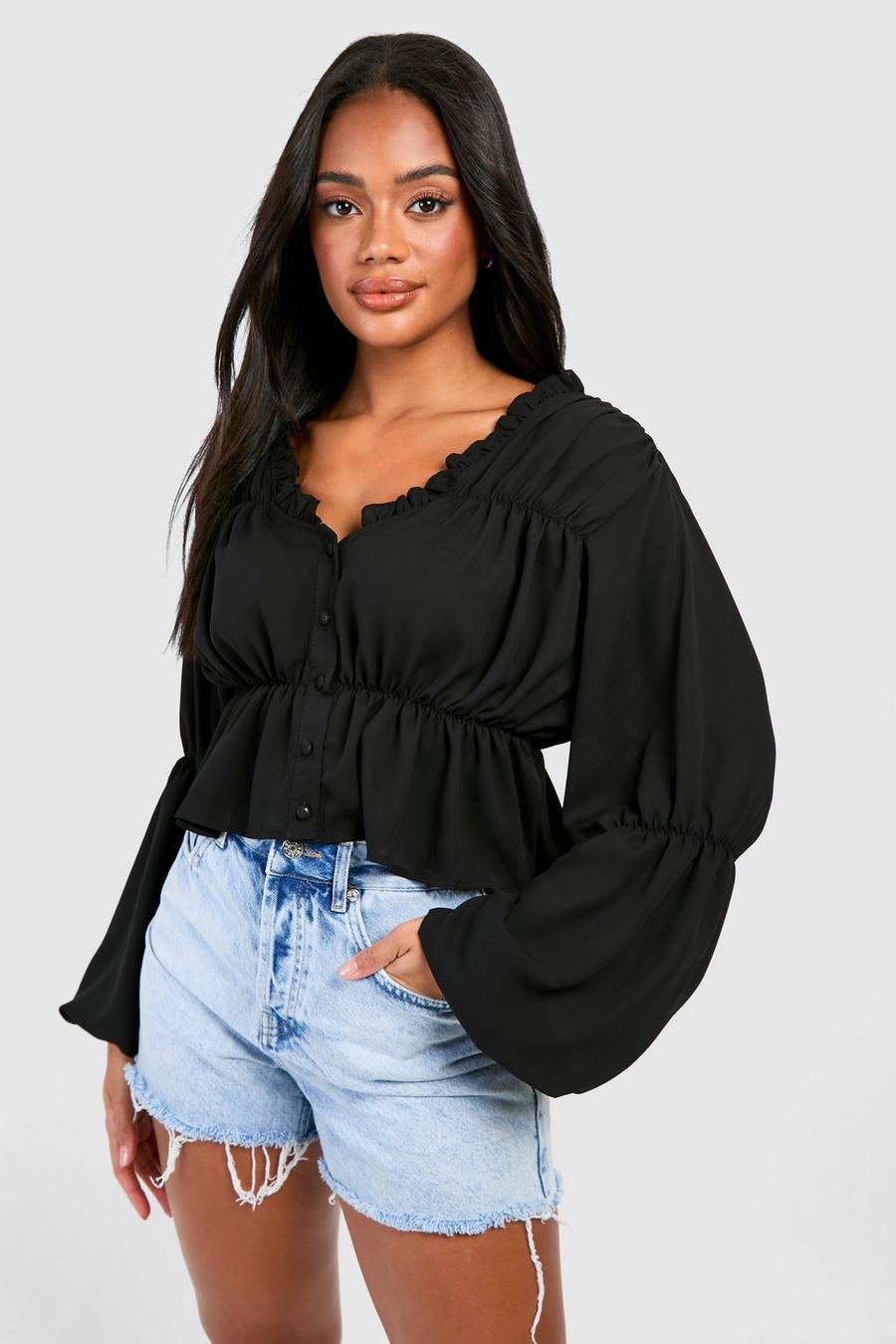 Blusa de chifón fruncida, Black