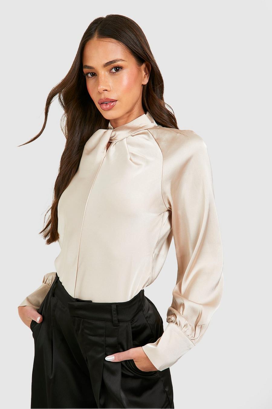 Champagne Satin Twist Neck Blouse image number 1