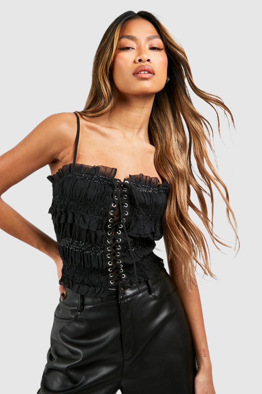 Black Chiffon Sheered Lace Up Top image number 1