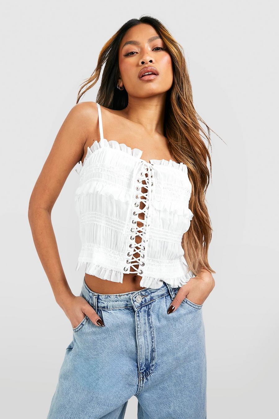 White Chiffon Sheered Lace Up Top image number 1