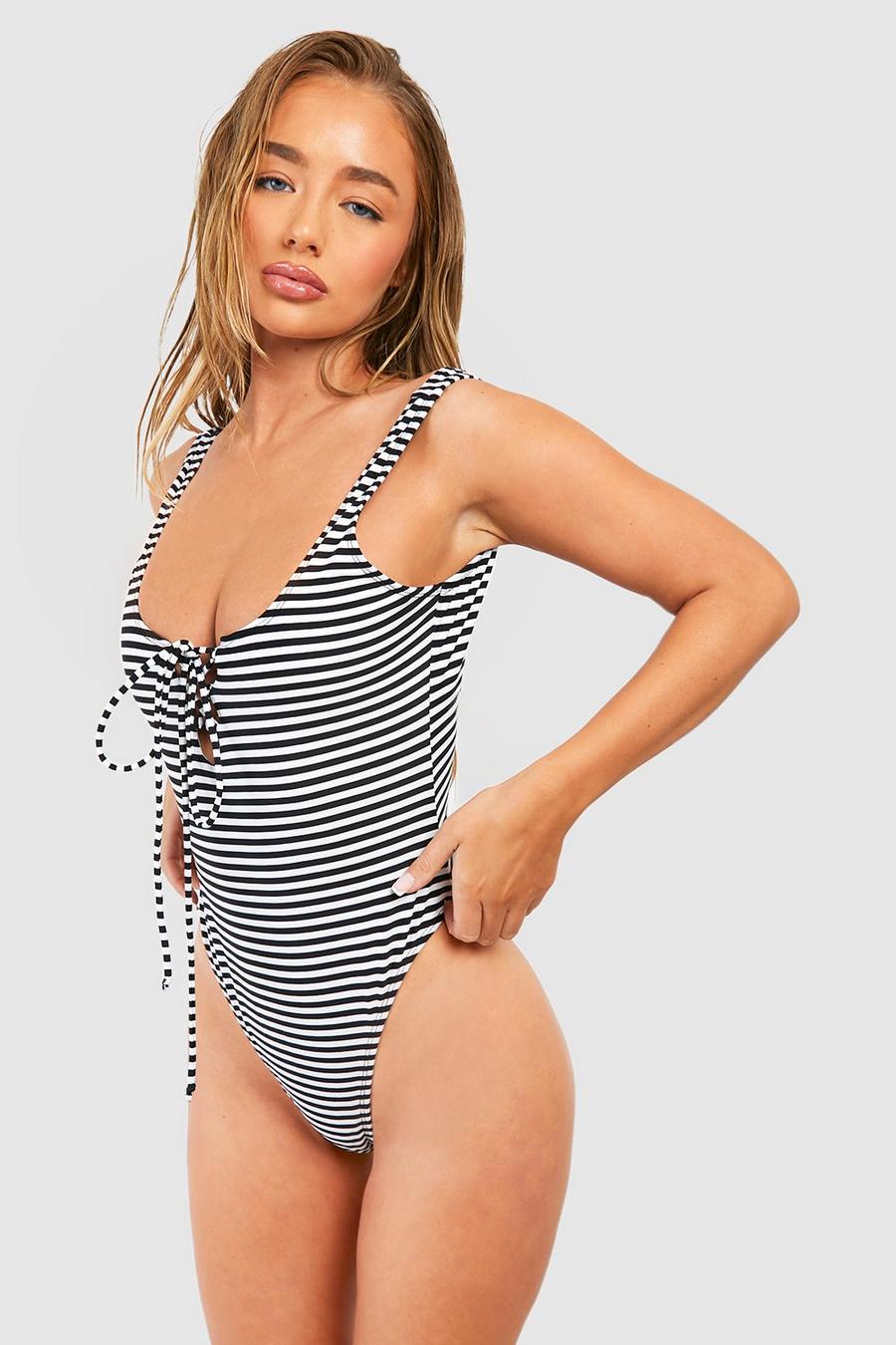 Black Stripe Tummy Control Lace Up Swimsuit image number 1