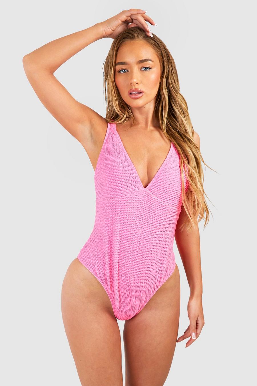 Bright pink Crinkle Plunge Swimsuit image number 1