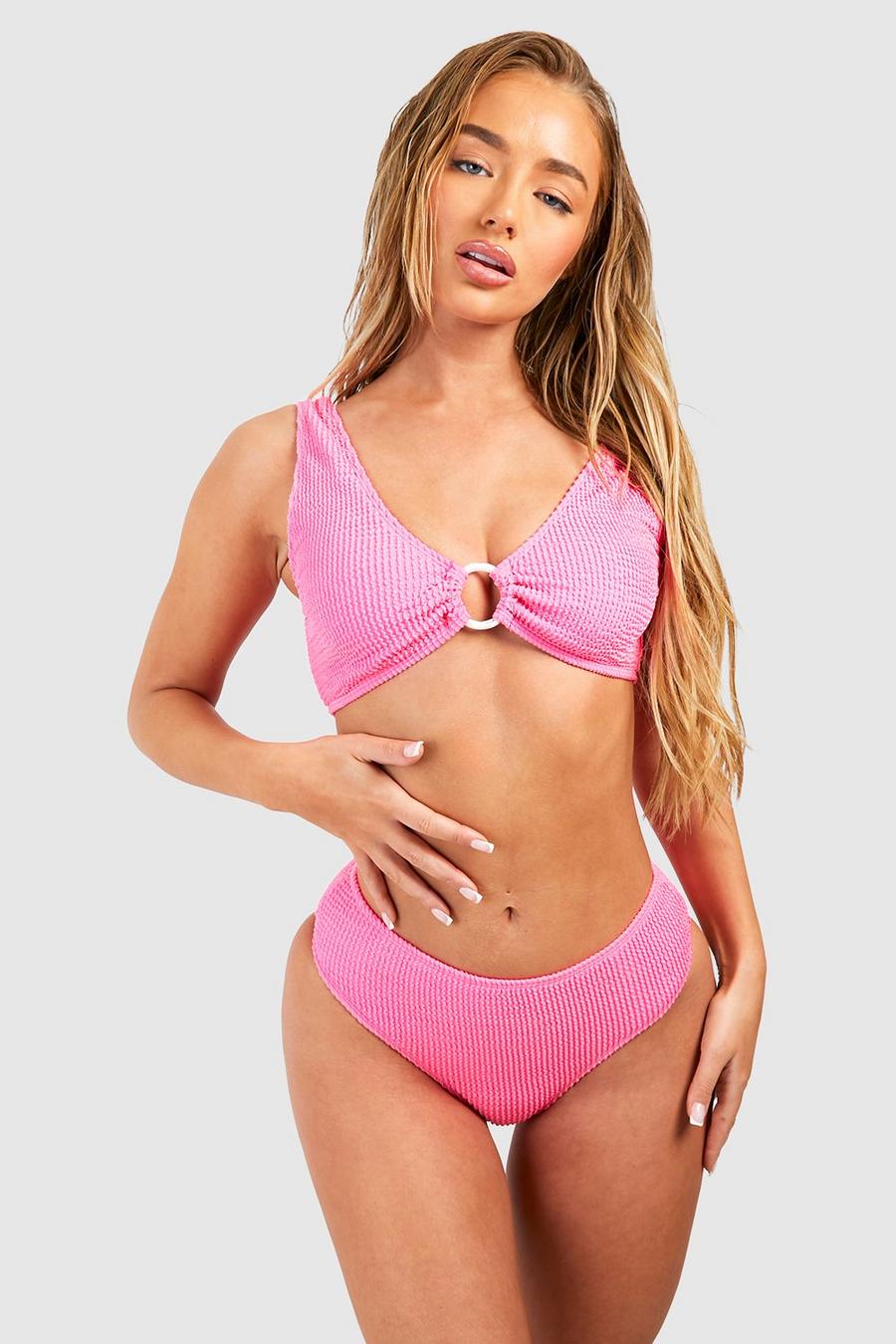 Set bikini a vita alta effetto goffrato con anello, Bright pink image number 1