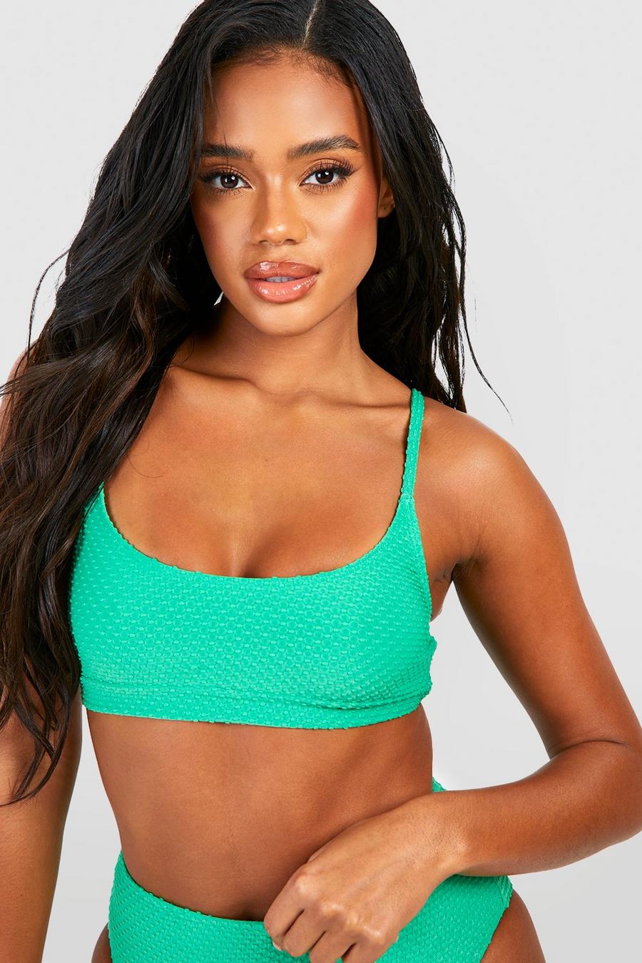Green Textured Scoop Bikini Top