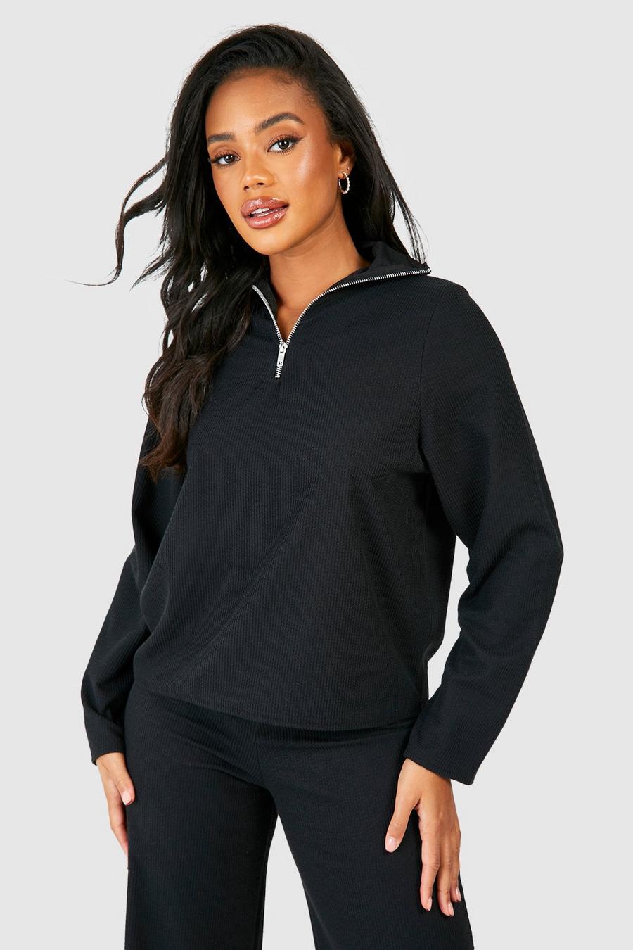 Black Ribbed Zip Up Boxy Top image number 1