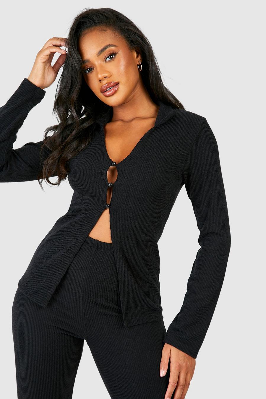 Black Ribbed Collared Longline Button Up Top image number 1