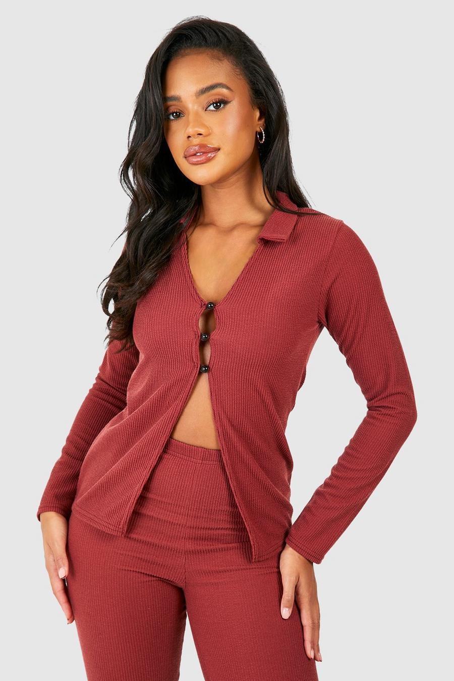 Merlot red Ribbed Collared Longline Button Up Top