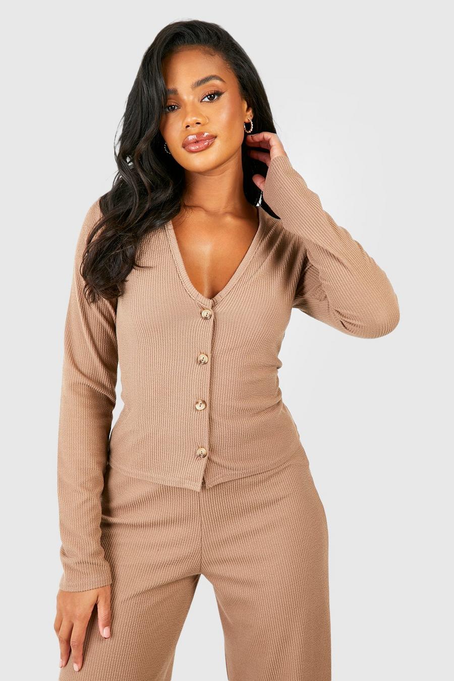Taupe Ribbed Plunge Mockhorn Button Up Top
