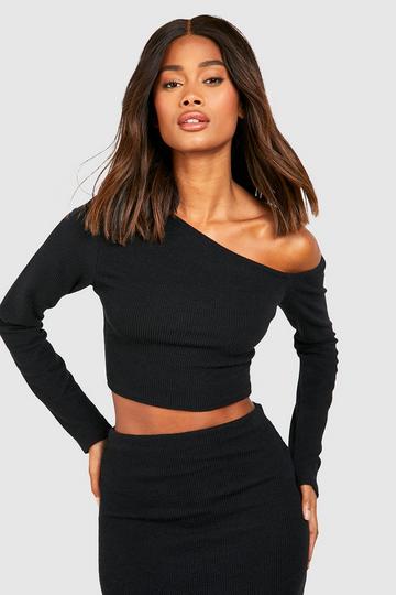 Ribbed Slash Neck Off The Shoulder Boxy Top black