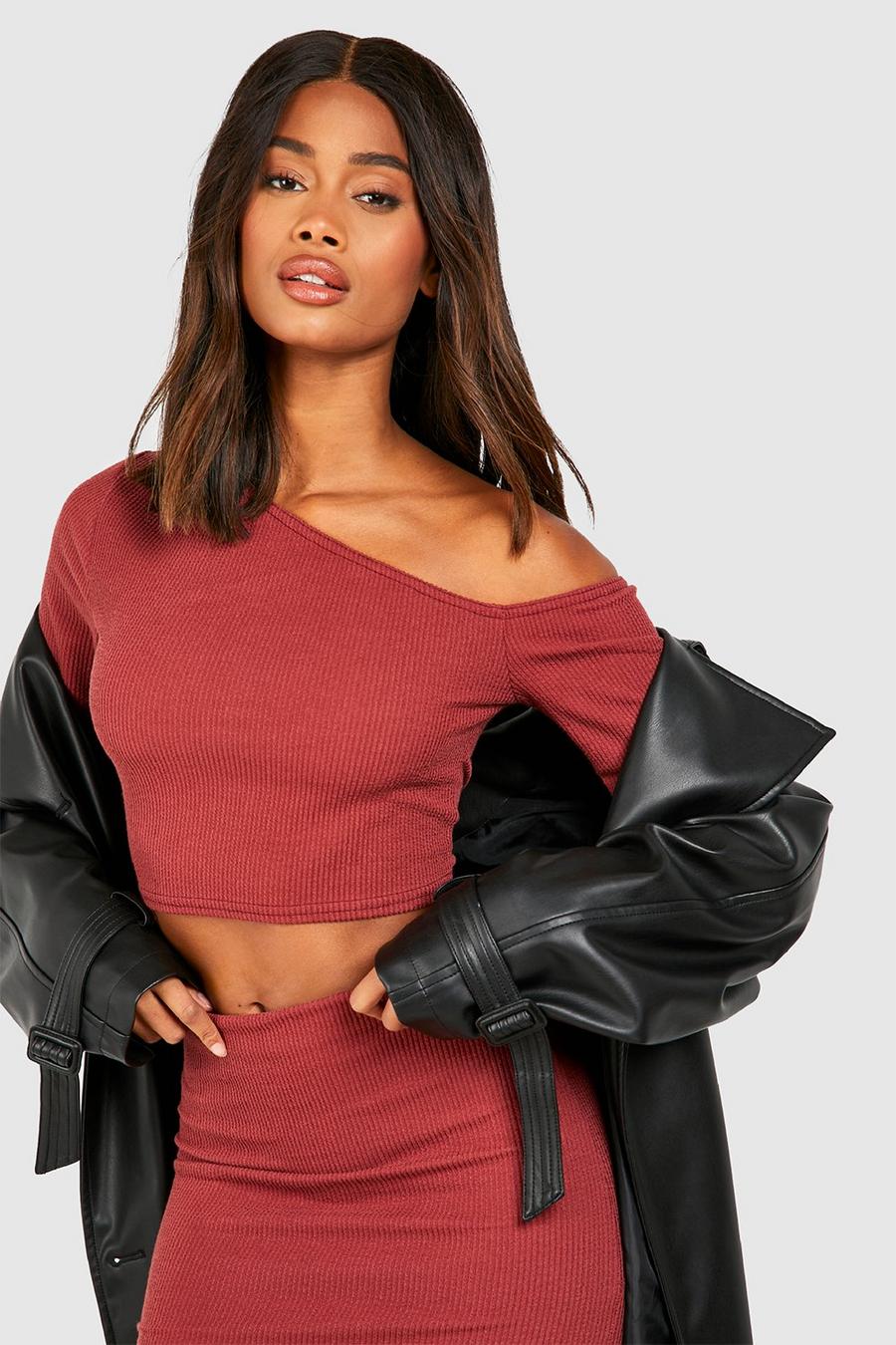 Merlot red Ribbed Boat Neck Off The Shoulder Boxy Top